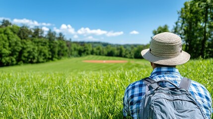 Man hiking, scenic view, green field, summer