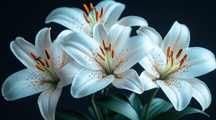 Fototapeta premium White lilies bouquet, dark background, studio shot, floral design