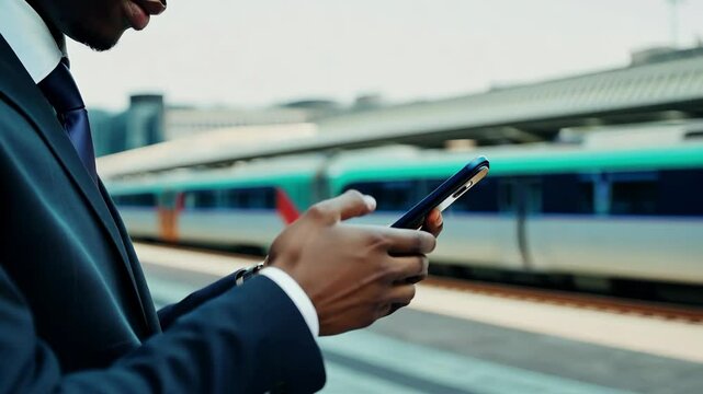 man African American black using mobile application on his smartphone at train station, business travel