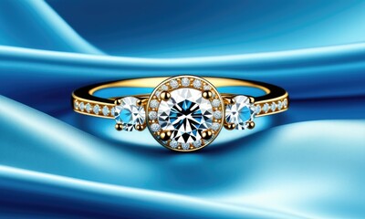Elegant gold diamond ring on luxurious blue silk background