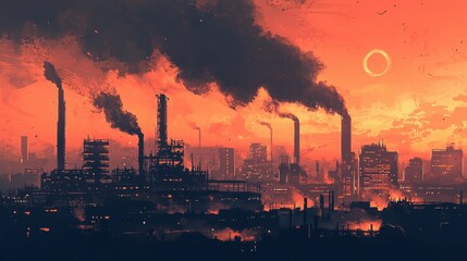 Obraz premium Billowing smoke rises from tall factory chimneys against a vibrant orange and red sunset. Dark silhouettes of buildings fill the foreground, creating a stark contrast