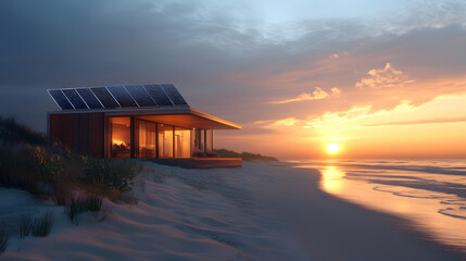 Obraz premium A sustainable beach house with solar panels reflecting the sunset, located on a serene, sandy beach.