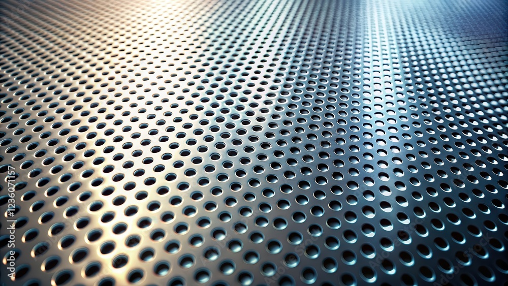 Poster A Close-Up View of a Metallic Surface with a Pattern of Regularly Spaced Circular Holes, Captured with a Shallow Depth of Field, Highlighting the Texture and Depth of the Material.