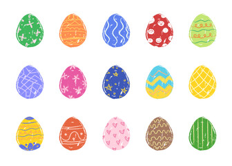set of easter eggs for Easter Holiday with wax crayon colored pencil texture kid doodle with patterns