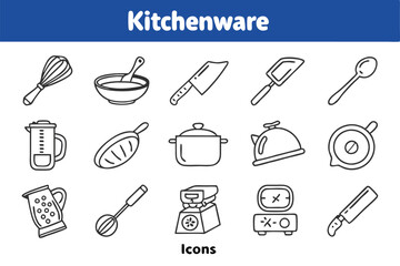  A collection of 45 black and white line icons, each representing a different kitchen utensil or appliance, arranged in a grid on a white background with a blue header and footer. The icons are simple