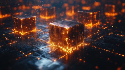Glowing Cubes on Futuristic Circuit Board