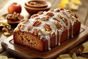 Freshly baked cake with creamy icing and crunchy nuts on a wooden cutting board