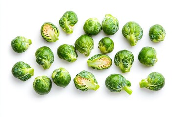 Fresh Brussels sprouts arranged on a white surface