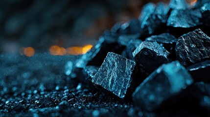 A collection of shimmering coal pieces rests on a textured surface, illuminated by soft ambient light, highlighting their rich black color and intricate surfaces