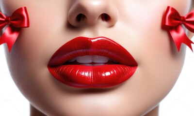 Fototapeta premium Closeup of glossy red lips with red bows on cheeks
