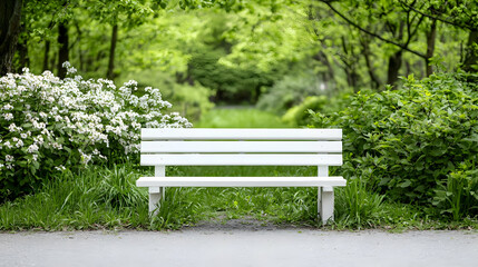 Fototapeta premium Empty white wooden bench stands on a paved path in a lush green park surrounded by blooming white flowers during a bright spring day.