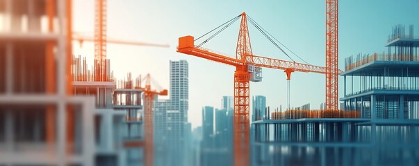 The background depicts a city skyline, with several cranes and construction materials placed in the scene.
