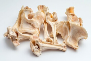 A collection of human skeleton bones arranged on a plain white surface