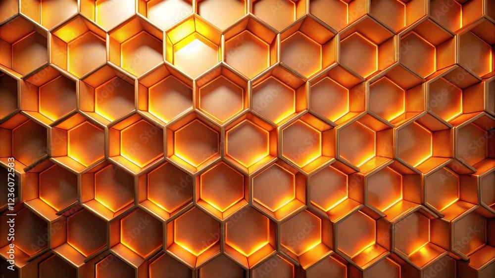 Poster A captivating pattern of golden hexagons, illuminated from within, creating a mesmerizing and intricate geometric design.