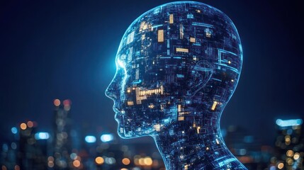 AI Head, Cityscape, Night, Digital, Future, Technology, Innovation, Concept
