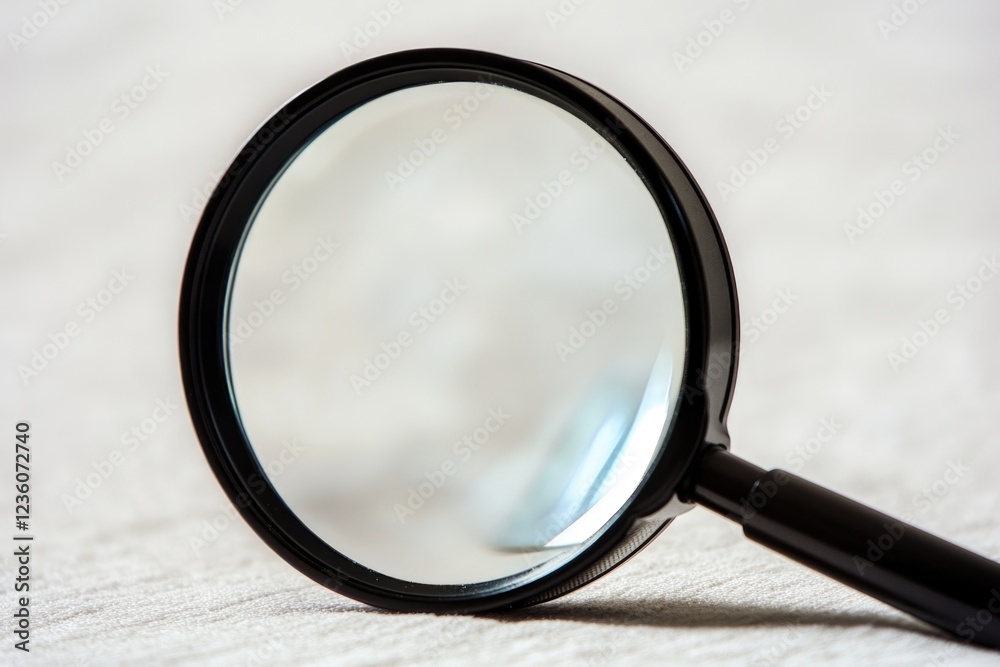 Poster A detailed view of a magnifying glass on a table, ideal for showcasing small objects or highlighting details