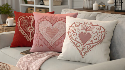 This image presents a close-up view of three decorative pillows featuring embroidered heart designs, arranged on a sofa. 