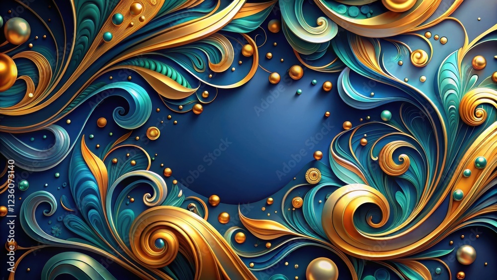 Leinwandbilder abstract 3d rendering of swirling, gold and teal floral patterns on a dark blue background with orbs