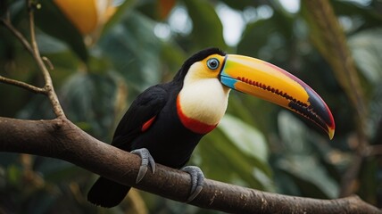 Obraz premium Toucan. Keel-billed toucan (Ramphastos sulfuratus), also known as sulfur-breasted toucan or rainbow-billed toucan, is a colorful Latin American member of the toucan family.