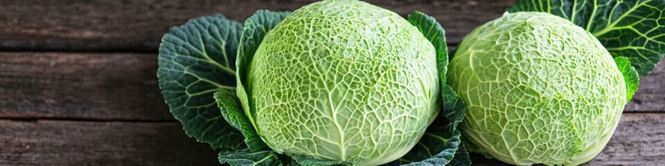 Fototapeta premium A pair of fresh green vegetables sit on a wooden table