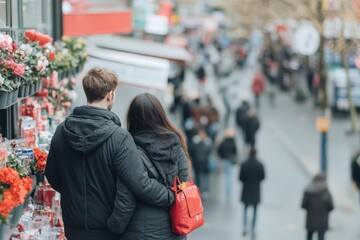 '  Couple embraces, street view, busy pedestrian crossing, urban romance and travel.