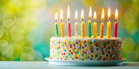 A celebratory birthday cake with colorful candles and sprinkles, resting on a table, against a bokeh background of yellow and turquoise hues.