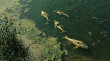 Obraz premium Several fish are seen swimming close to the shore in greenish water, where algae blooms are visible. The natural environment shows signs of pollution, with overgrown vegetation nearby