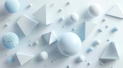 White geometric shapes and spheres arranged on a white surface.