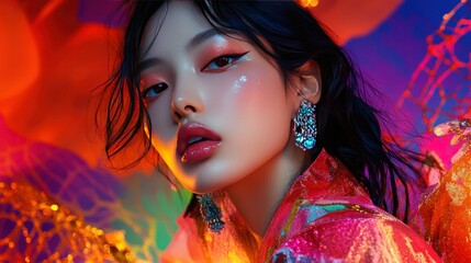 A vibrant fashion shoot featuring a K-pop star, bold couture, and glowing real skin textures in ultra-realistic 8K resolution.