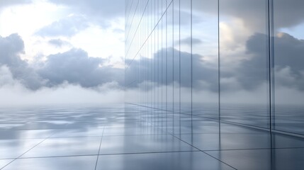 Modern glass building reflecting cloudy sky, urban landscape, promotional use