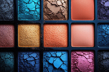 Fototapeta premium Vibrant cracked eyeshadow palette featuring blue, gold, copper, and pink tones