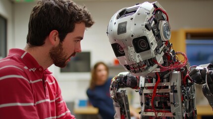 A researcher engages in a focused conversation with a humanoid robot in a modern technology lab. The environment showcases advanced robotics, indicating ongoing AI projects