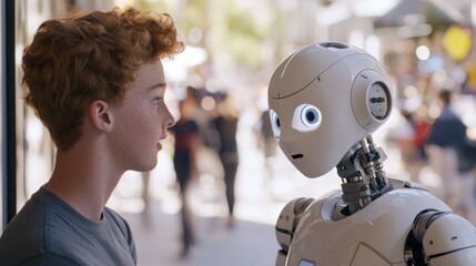 Obraz premium A young boy engages directly with a humanoid robot in an urban setting. The moment highlights the growing relationship between humans and technology in daily life