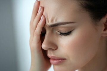 Fototapeta premium A woman sits with her head in her hands, showing emotional distress