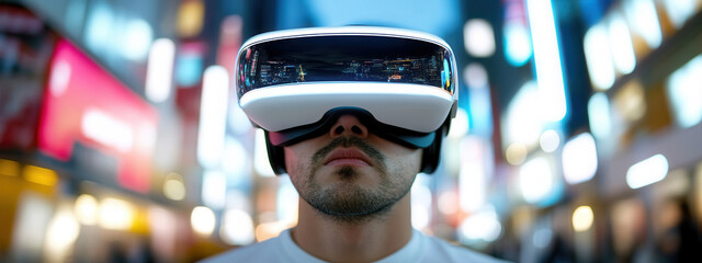 Man engaging with virtual reality headset in vibrant city lights, immersed in futuristic digital landscapes and captivating visuals at night