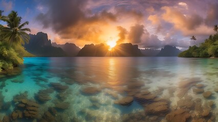 Moorea's lagoon scenery is bathed in a warm glow from the beautiful, vivid colours of the sun setting over the South Pacific Ocean when viewed from a high elevation, making it the perfect destination.