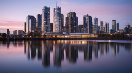Fototapeta premium Serene Evening City Skyline Reflection