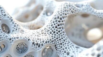 Abstract white geometric pattern with circular holes.