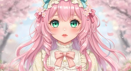 Fototapeta premium Adorable Pink Hair Anime Girl in Cherry Blossom Spring