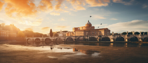 Majestic Sunset Over Historical Bridge