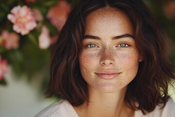Fototapeta premium Young caucasian female with freckles smiling in floral background