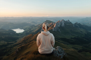 Naklejka premium Young caucasian female enjoying mountain sunrise view from hilltop