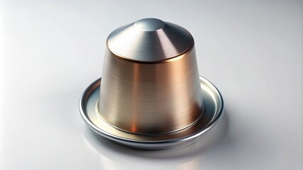 A single metal coffee pod with a brushed finish, featuring a silver top and a golden base, isolated on a white background.