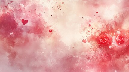 Fototapeta premium Romantic watercolor background with soft pink and red heart-shaped bokeh, delicate roses, and a dreamy glow, perfect for Valentine Day themes. 