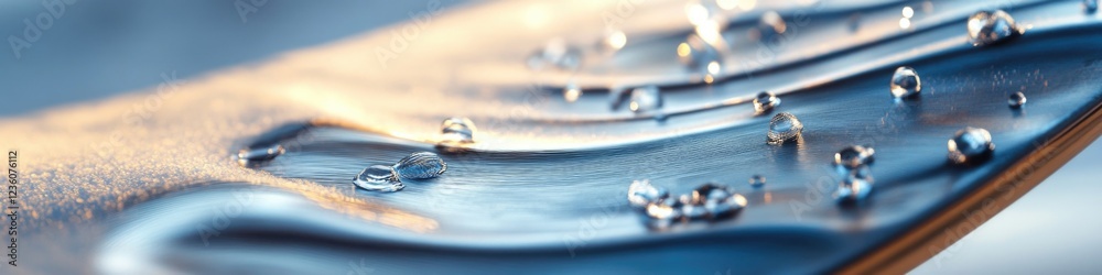 Poster a close-up view of individual water droplets on a surface, highlighting their shape and texture