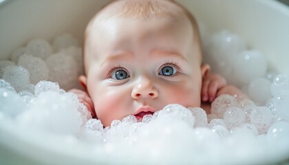Adorable baby with curious eyes in bubble bath, perfect for parenting articles
