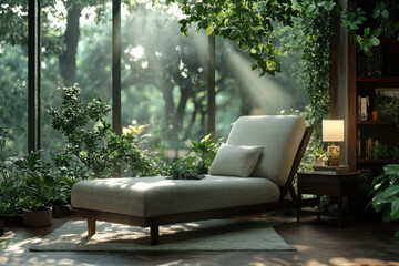 Serene indoor lounge with chaise under sunlit greenery