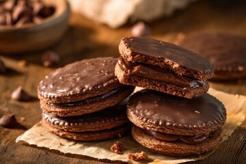 A stack of delicious chocolate covered cookies sitting on a table, perfect for a party or snack