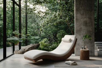 Modern chaise lounge in serene sunlit room with large windows and lush greenery