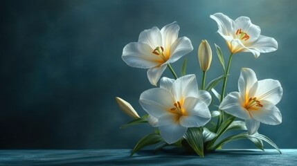 Fototapeta premium White lilies bouquet, dark background, studio lighting, sympathy card